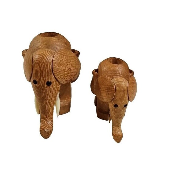 Elephant Toothpick Holders Wood Set of 2 Jungle Safari Animal MCM Boho VTG - Picture 1 of 11